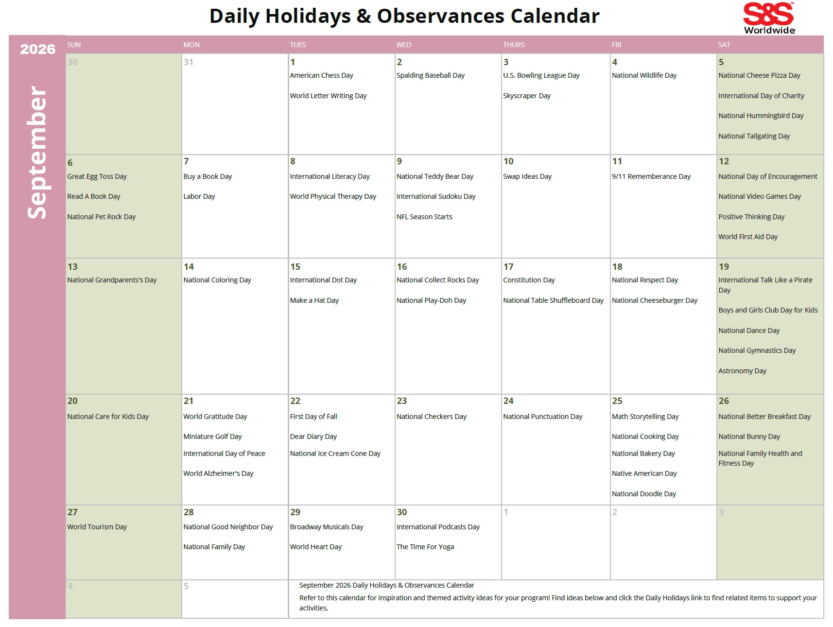 september daily holidays calendar